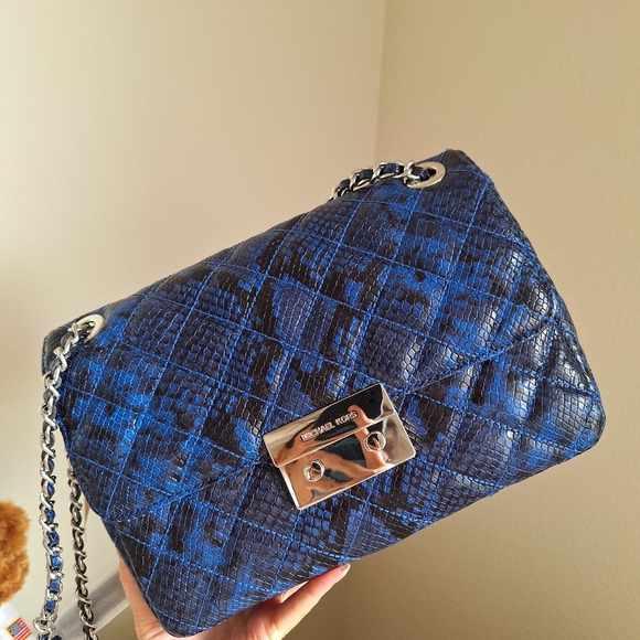 NWT Michael Kors Sloan Large Embossed Leather Shoulder Bag Blue (30H5SSLL3N) - Picture 1 of 10
